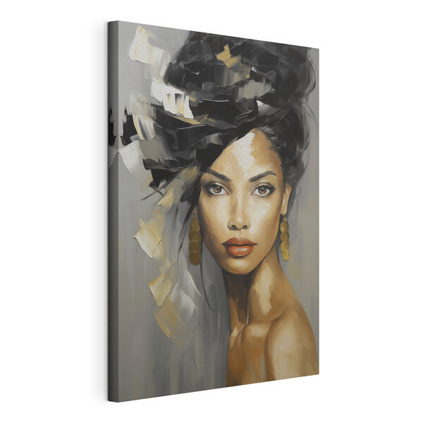 Schilderij van een vrouw met een grote zwart-witte haardos Canvas Schilderijen Schilderij van een vrouw met een grote zwart-witte haardos