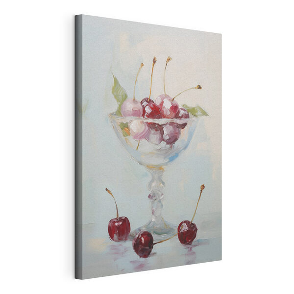 Schilderij van kersen in een glas Canvas Schilderijen Schilderij van kersen in een glas