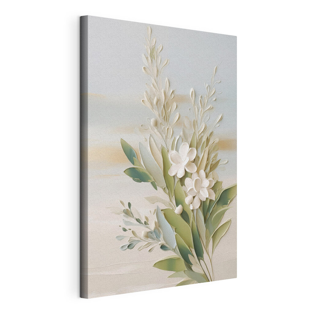 White flowers and leaves on a white surface