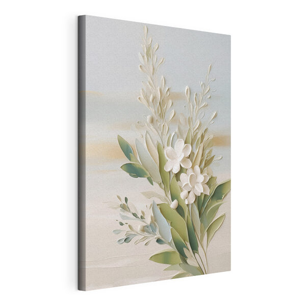 White flowers and leaves on a white surface