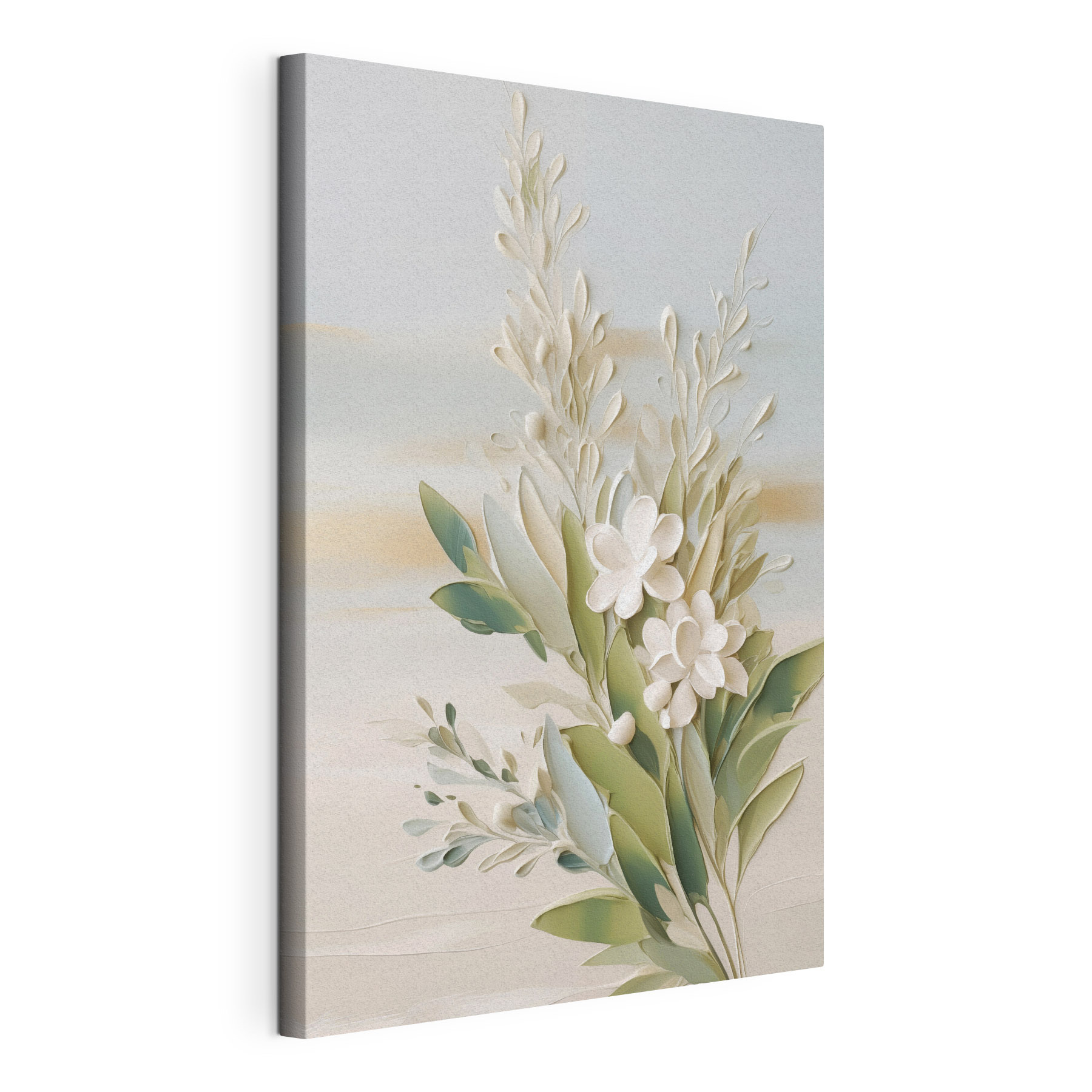 White flowers and leaves on a white surface