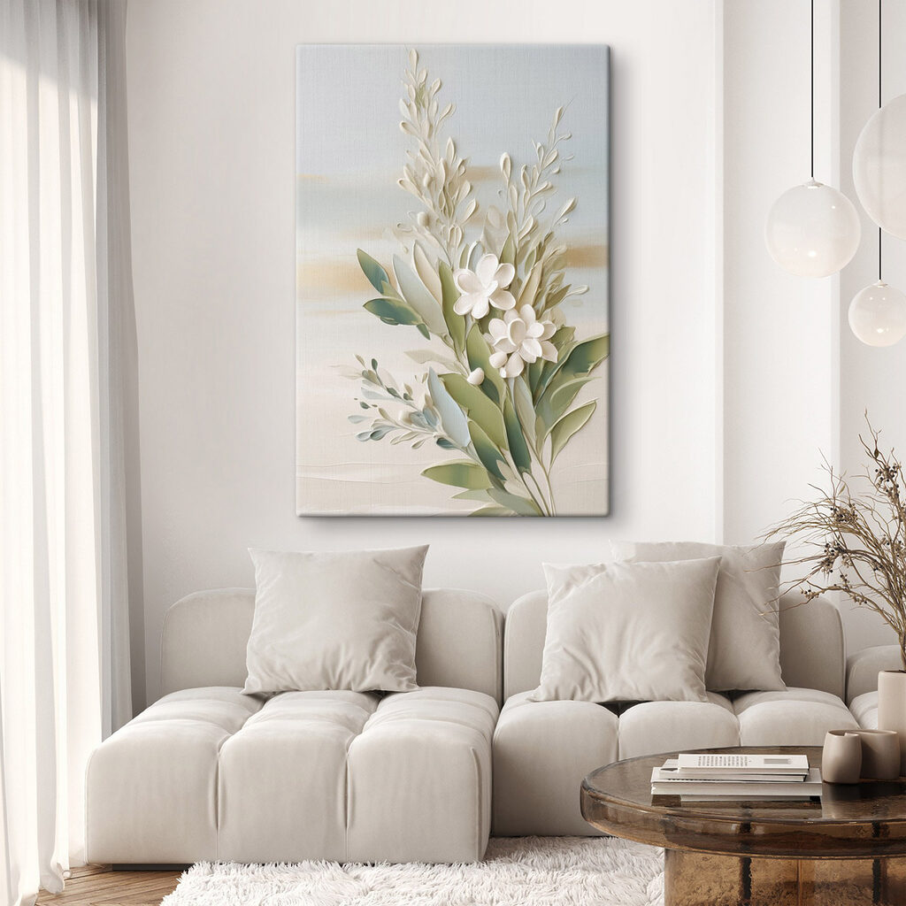 White flowers and leaves on a white surface