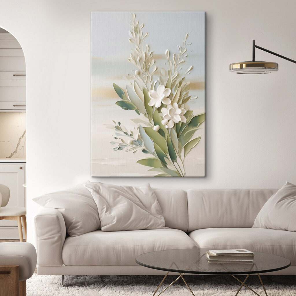 White flowers and leaves on a white surface