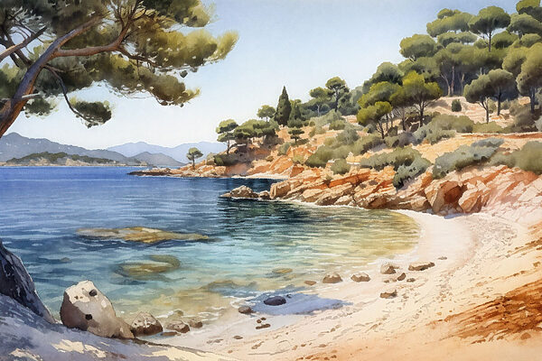 Watercolor painting of a beach with trees and rocks