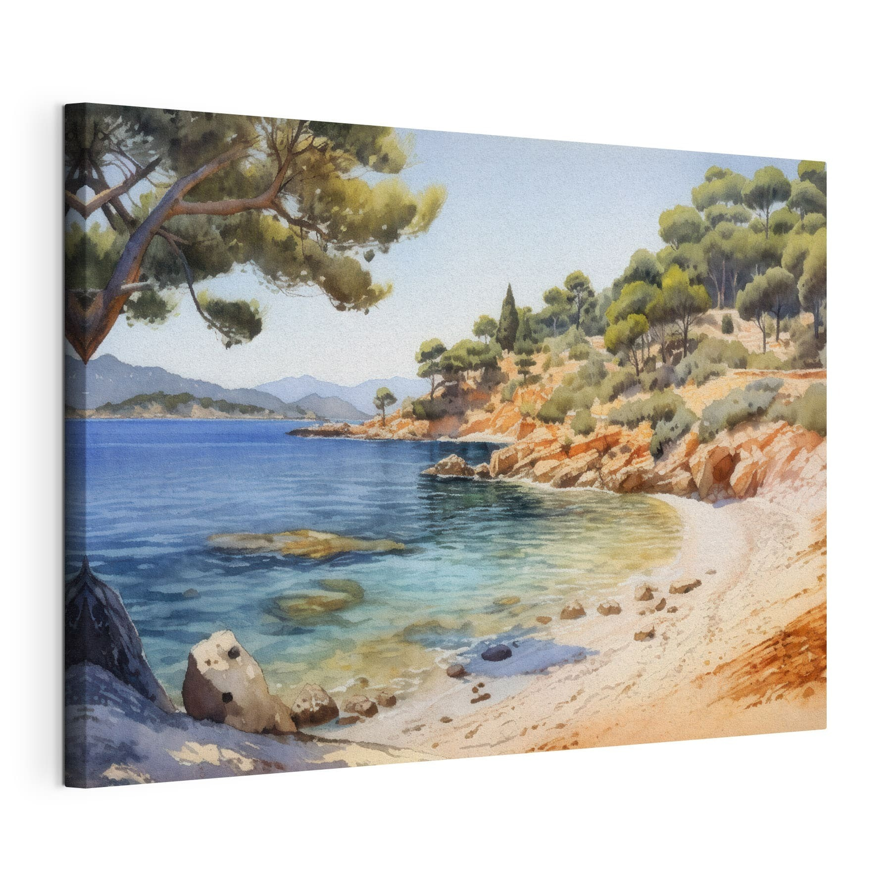 Watercolor painting of a beach with trees and rocks