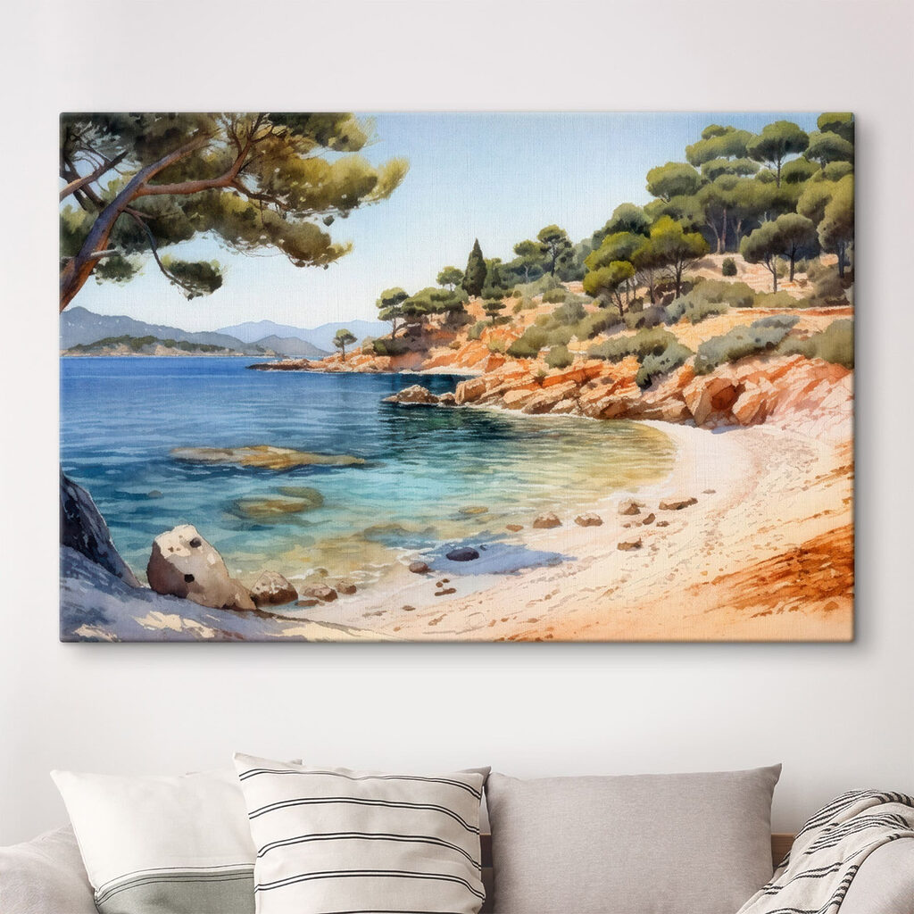 Watercolor painting of a beach with trees and rocks