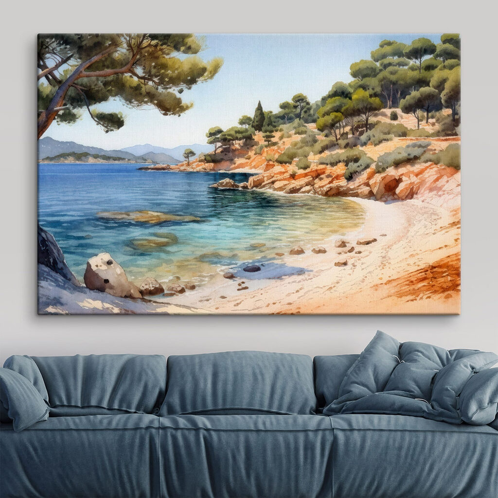 Watercolor painting of a beach with trees and rocks