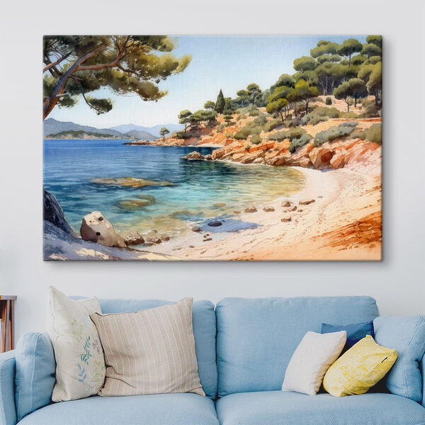 Watercolor painting of a beach with trees and rocks