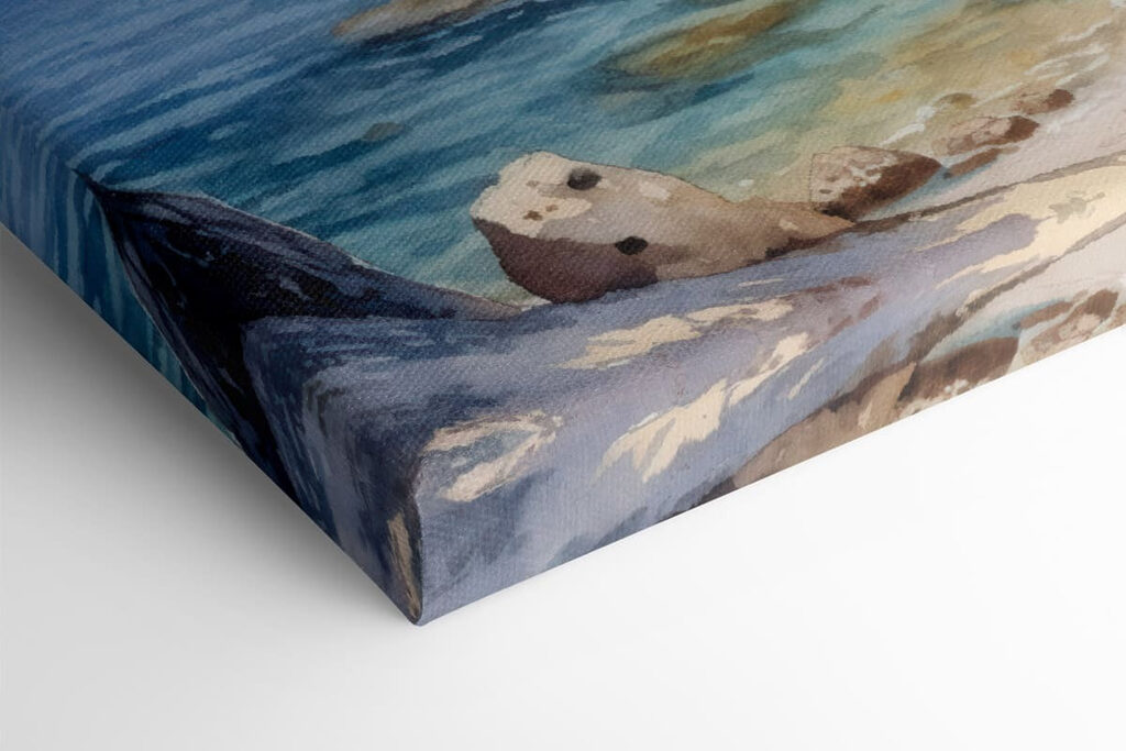 Watercolor painting of a beach with trees and rocks
