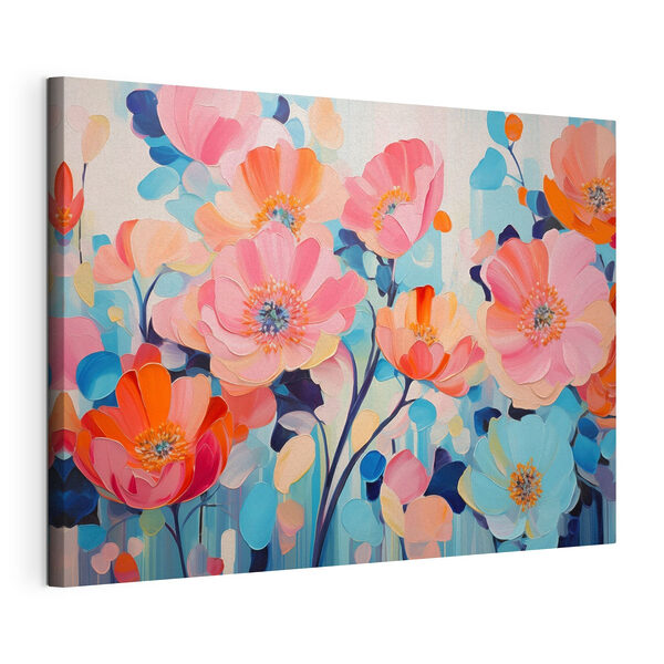 Schilderij van bloemen op een blauwe achtergrond Canvas Schilderijen Schilderij van bloemen op een blauwe achtergrond