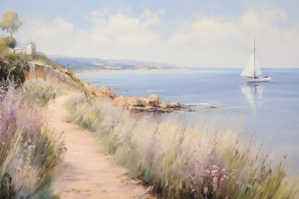 Path leading to a body of water with a sailboat