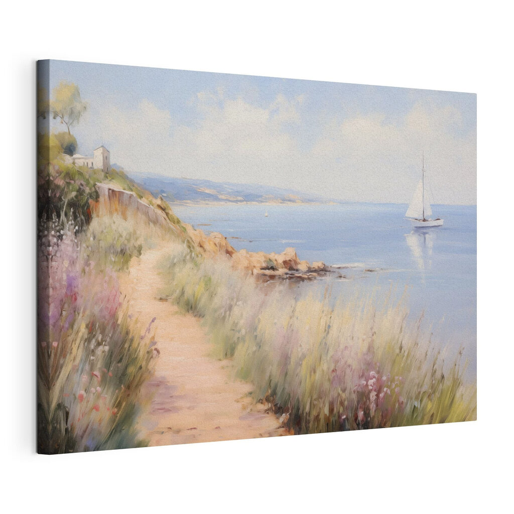 Path leading to a body of water with a sailboat