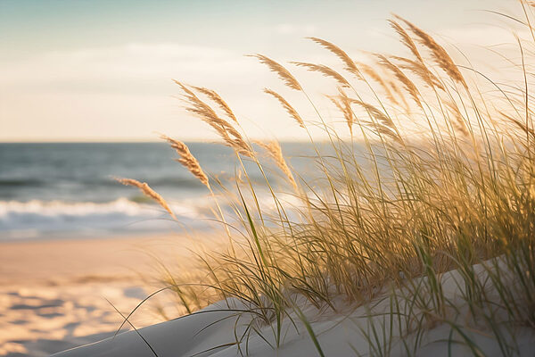 Calm waves meet swaying grass