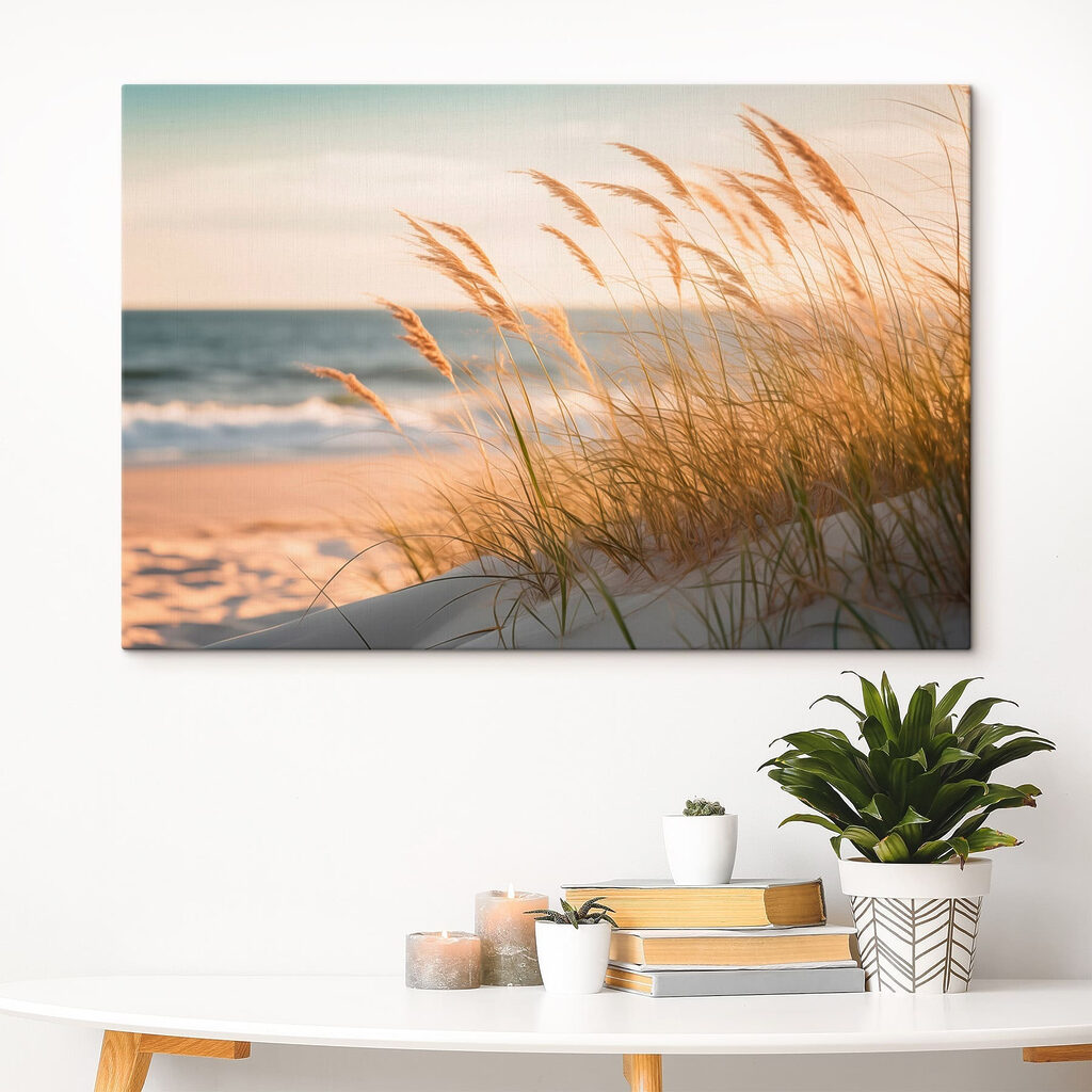 Calm waves meet swaying grass