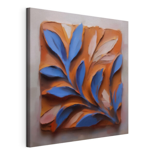 Blauw en oranje bladmotief Canvas Schilderijen Blauw en oranje bladmotief