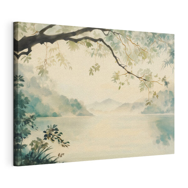 Aquarelschilderij van een meer en bomen Canvas Schilderijen Aquarelschilderij van een meer en bomen