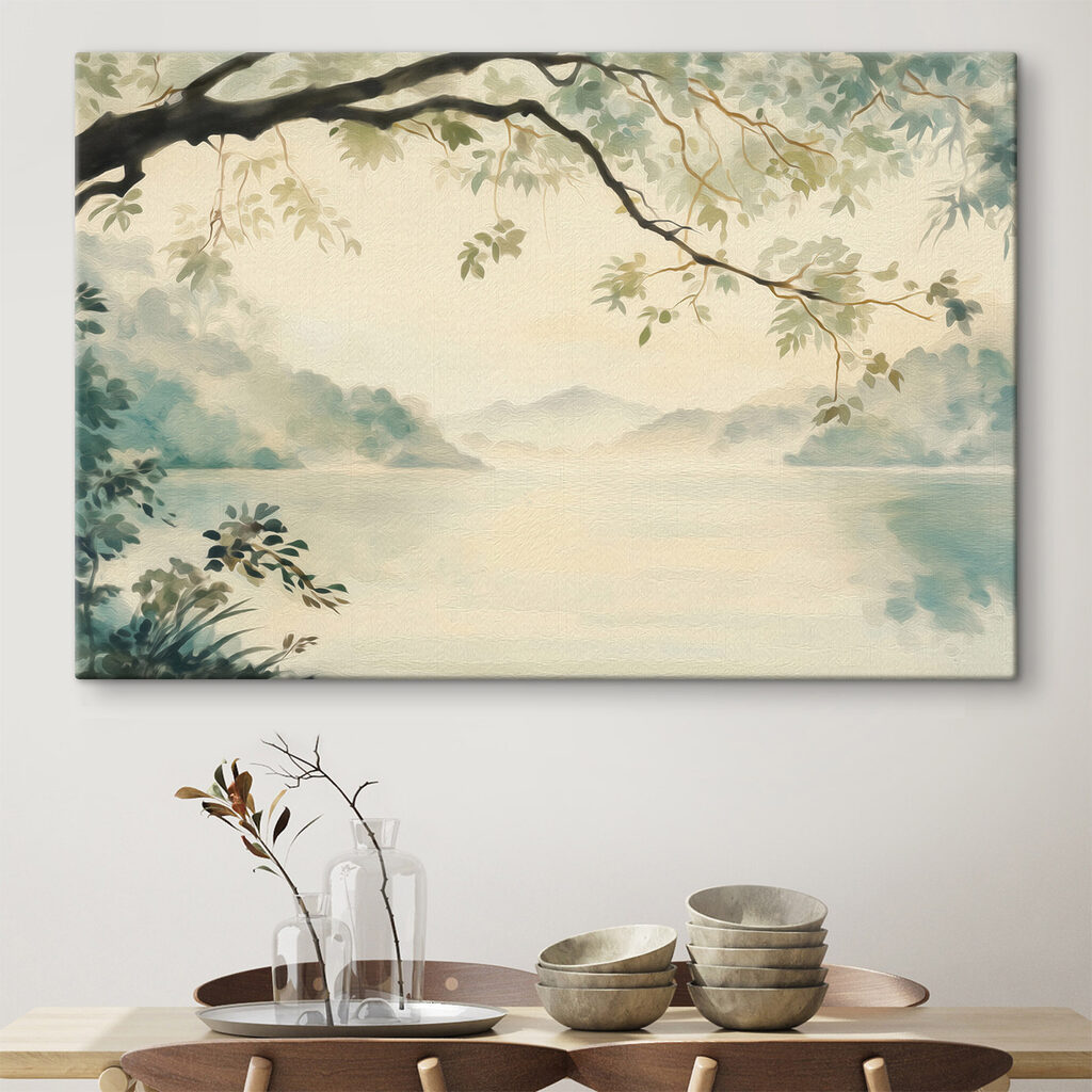 Watercolor painting of a lake and trees Watercolor painting of a lake and trees