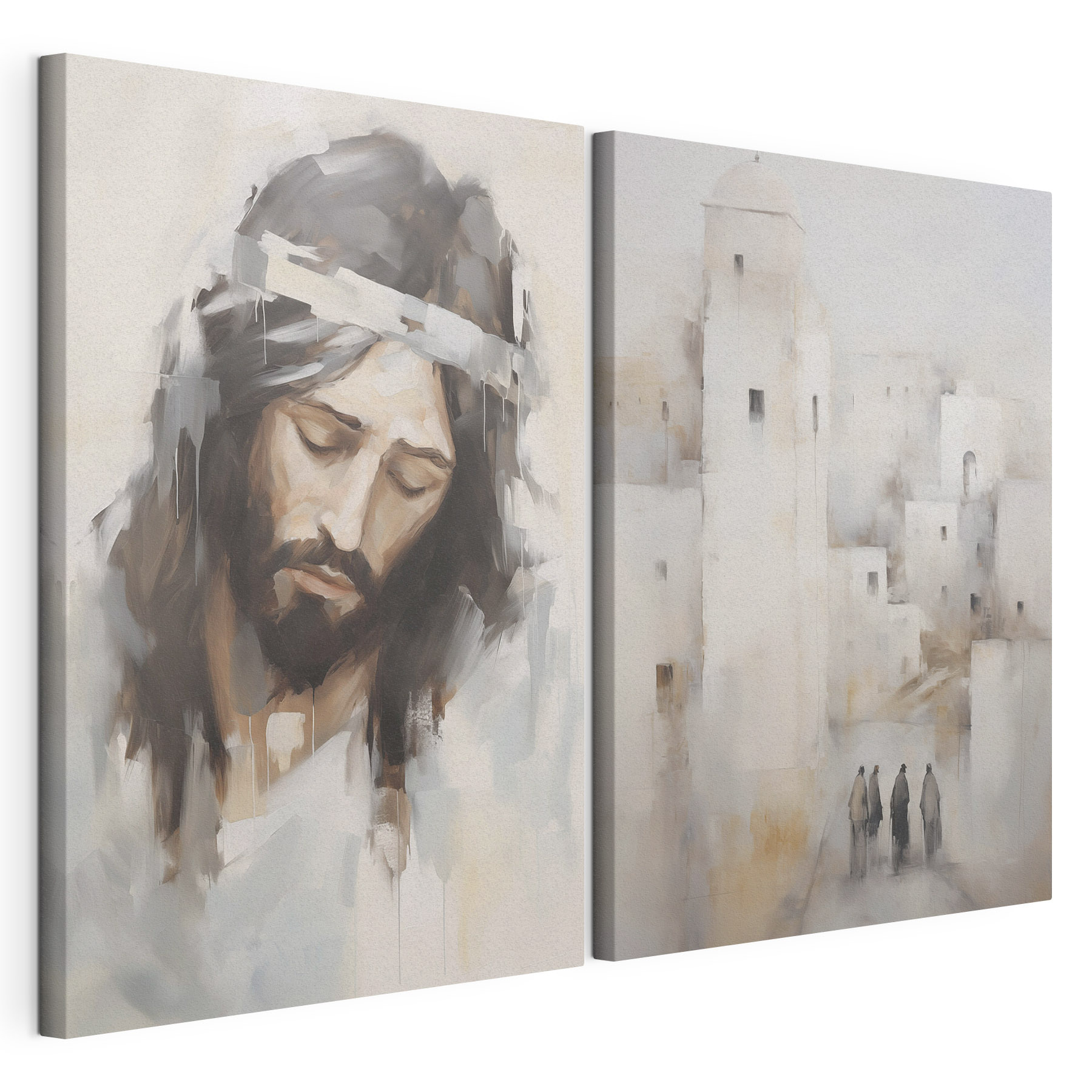 Painting of a man with a crown of hair and a city Painting of a man with a crown of hair and a city