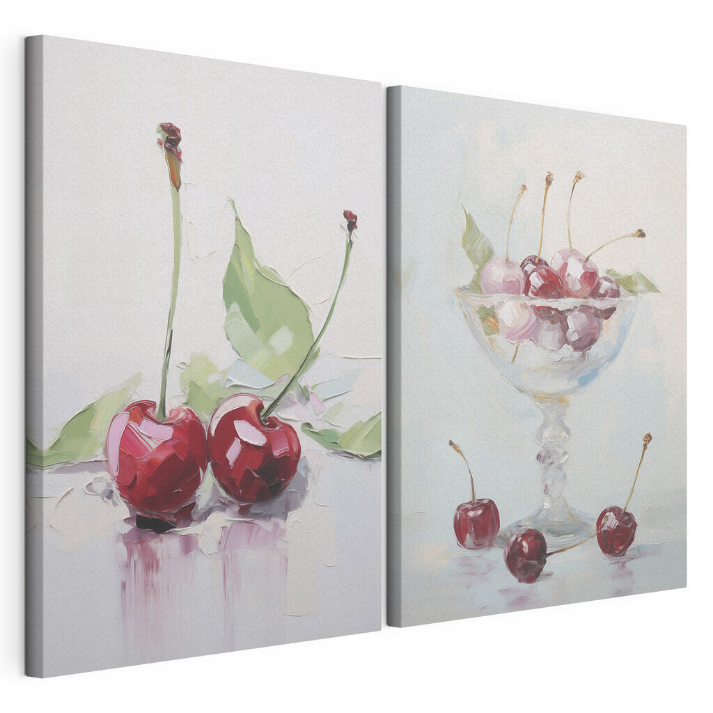 Schilderij van kersen in een glas Schilderij van kersen in een glas
