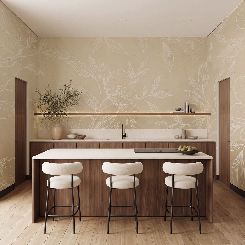 Witte bloemen en bladeren op een beige achtergrond Witte bloemen en bladeren op een beige achtergrond