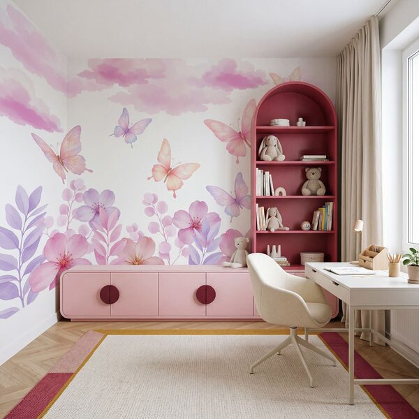 Roze en paarse bloemen en vlinders
