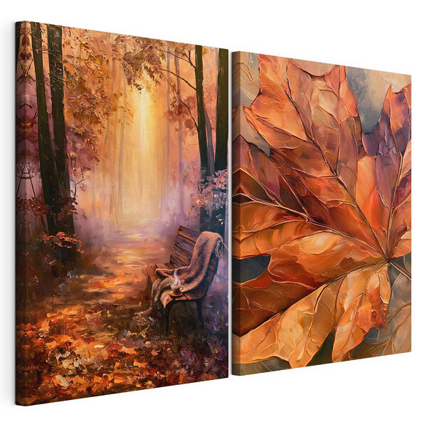 Modulaire canvasprint Schilderij van een bankje en een blad