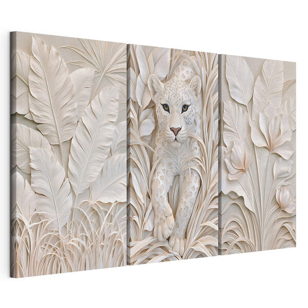 Beeld van een witte tijger met bladeren Modulaire canvasprint Beeld van een witte tijger met bladeren