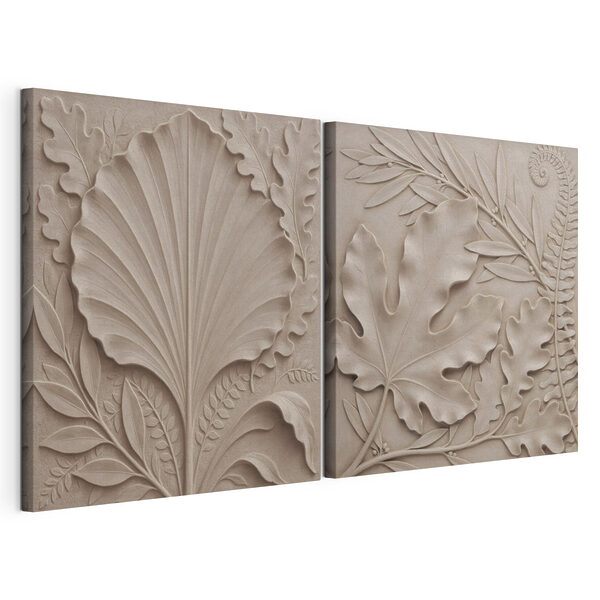 Steenreliëf van bladeren en takken Modulaire canvasprint Steenreliëf van bladeren en takken