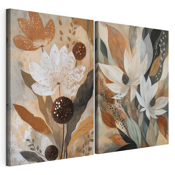Schilderij van bloemen en bladeren Modulaire canvasprint Schilderij van bloemen en bladeren