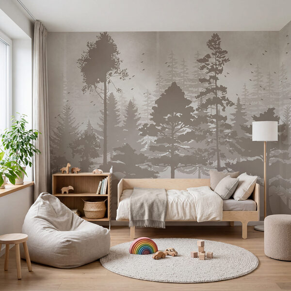 Groep bomen met rondvliegende vogels