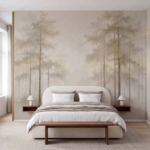 Fotobehang Mistig bos met bomen (Artikelnummer: t01056) Fotobehang Mistig bos met bomen (Artikelnummer: t01056)