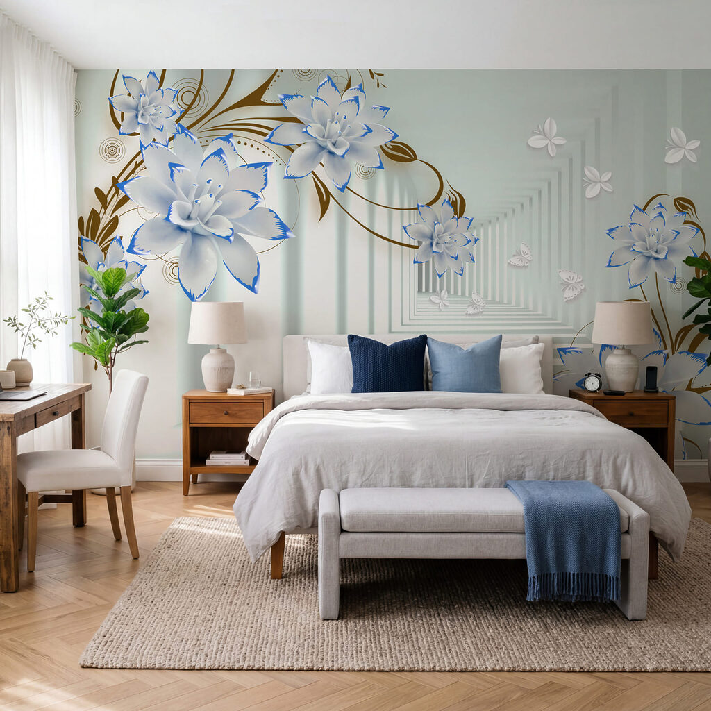 Witte en blauwe bloemen op een witte achtergrond