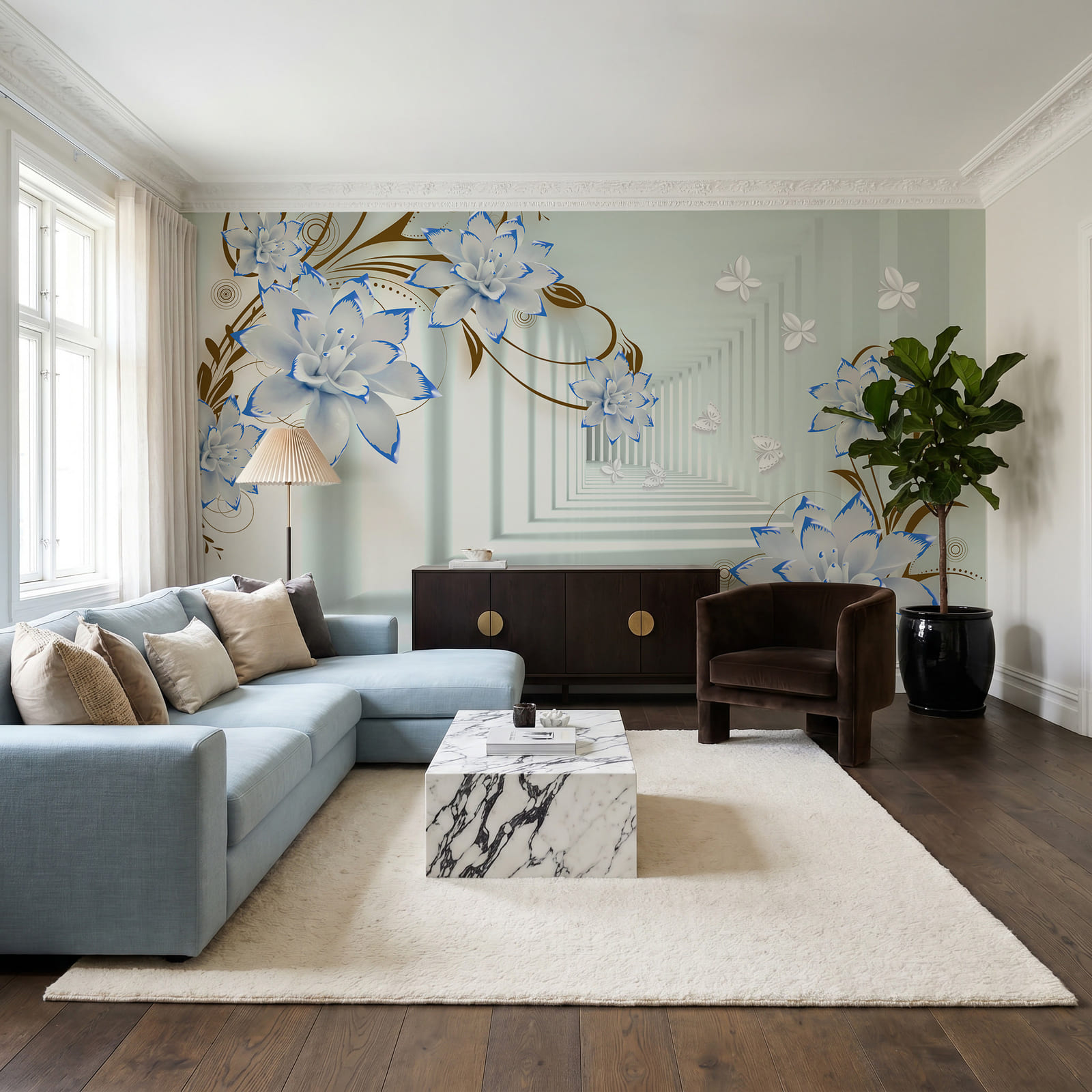 Witte en blauwe bloemen op een witte achtergrond