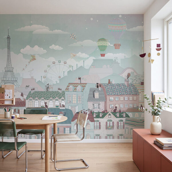 Fotobehang Fotobehang Stad met veel gebouwen en heteluchtballonnen (Artikelnummer: u62119v2)