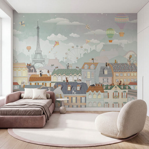 Fotobehang Fotobehang Stad met veel gebouwen en heteluchtballonnen (Artikelnummer: u62119v3)