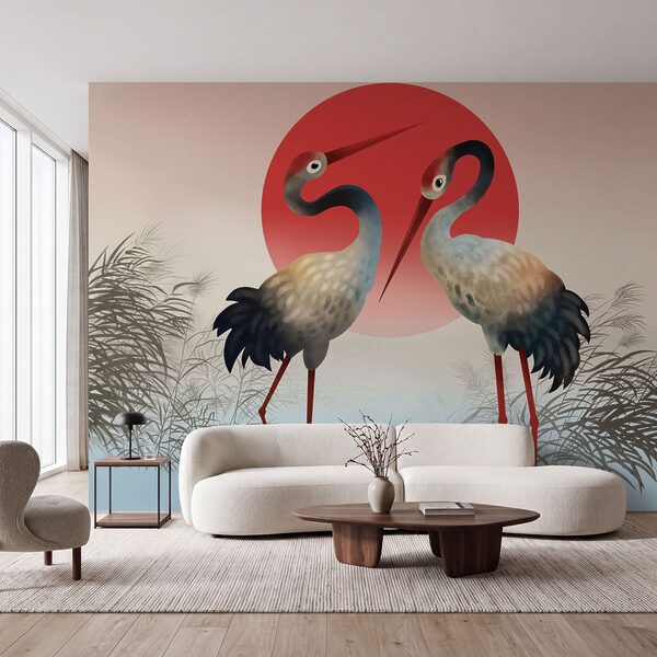 Fotobehang Twee vogels die voor een rode zon staan (Artikelnummer: t01009) Fotobehang Twee vogels die voor een rode zon staan (Artikelnummer: t01009)
