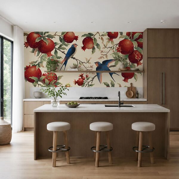 Fotobehang Vogels op een tak met vruchten (Artikelnummer: t01010) Fotobehang Vogels op een tak met vruchten (Artikelnummer: t01010)
