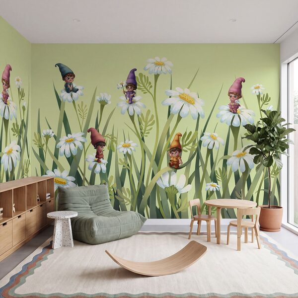 Fotobehang Groepje kabouters op bloemen (Artikelnummer: t01052) Fotobehang Groepje kabouters op bloemen (Artikelnummer: t01052)