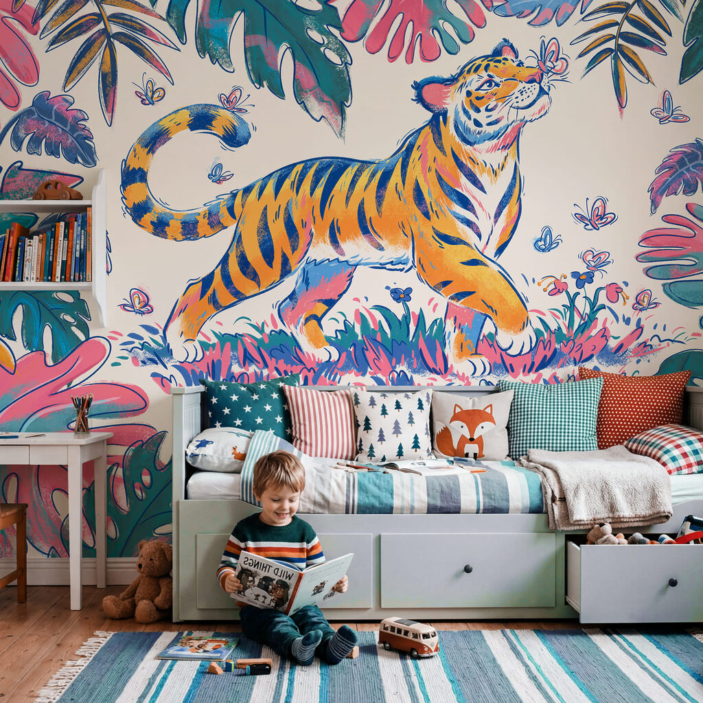 Fotobehang Tijger met vlinders in zijn bek (Artikelnummer: t01032) Fotobehang Tijger met vlinders in zijn bek (Artikelnummer: t01032)