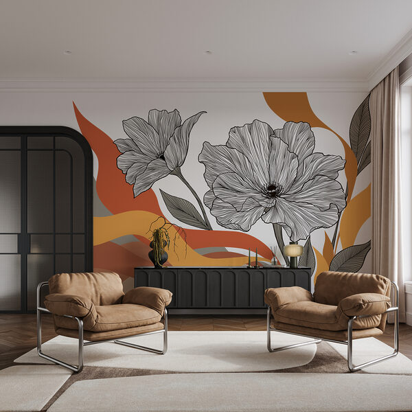 Fotobehang Tekening van bloemen met oranje en witte golven (Artikelnummer: t01038) Fotobehang Tekening van bloemen met oranje en witte golven (Artikelnummer: t01038)