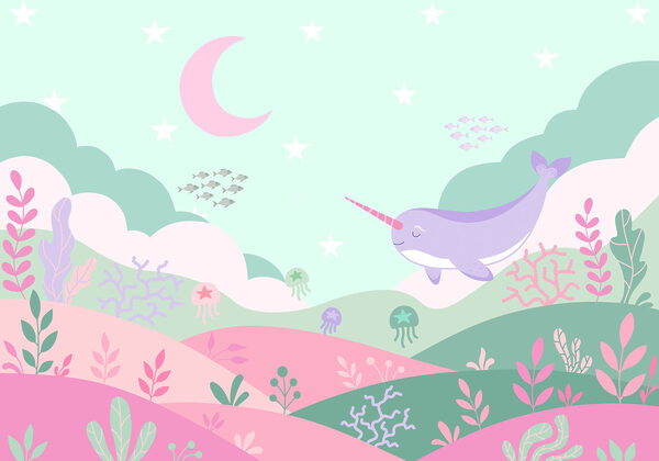 Fotobehang Cartoon van een walvis en een walvis die in zee zwemmen (Artikelnummer: t01053v4) Fotobehang Cartoon van een walvis en een walvis die in zee zwemmen (Artikelnummer: t01053v4)