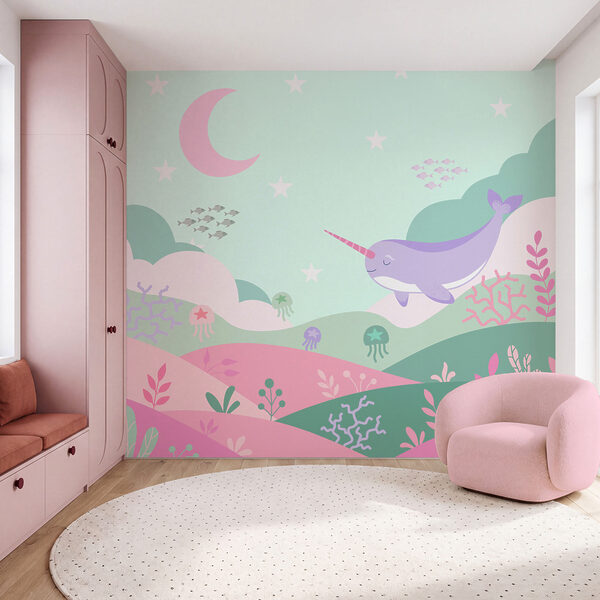 Fotobehang Cartoon van een walvis en een walvis die in zee zwemmen (Artikelnummer: t01053v4) Fotobehang Cartoon van een walvis en een walvis die in zee zwemmen (Artikelnummer: t01053v4)