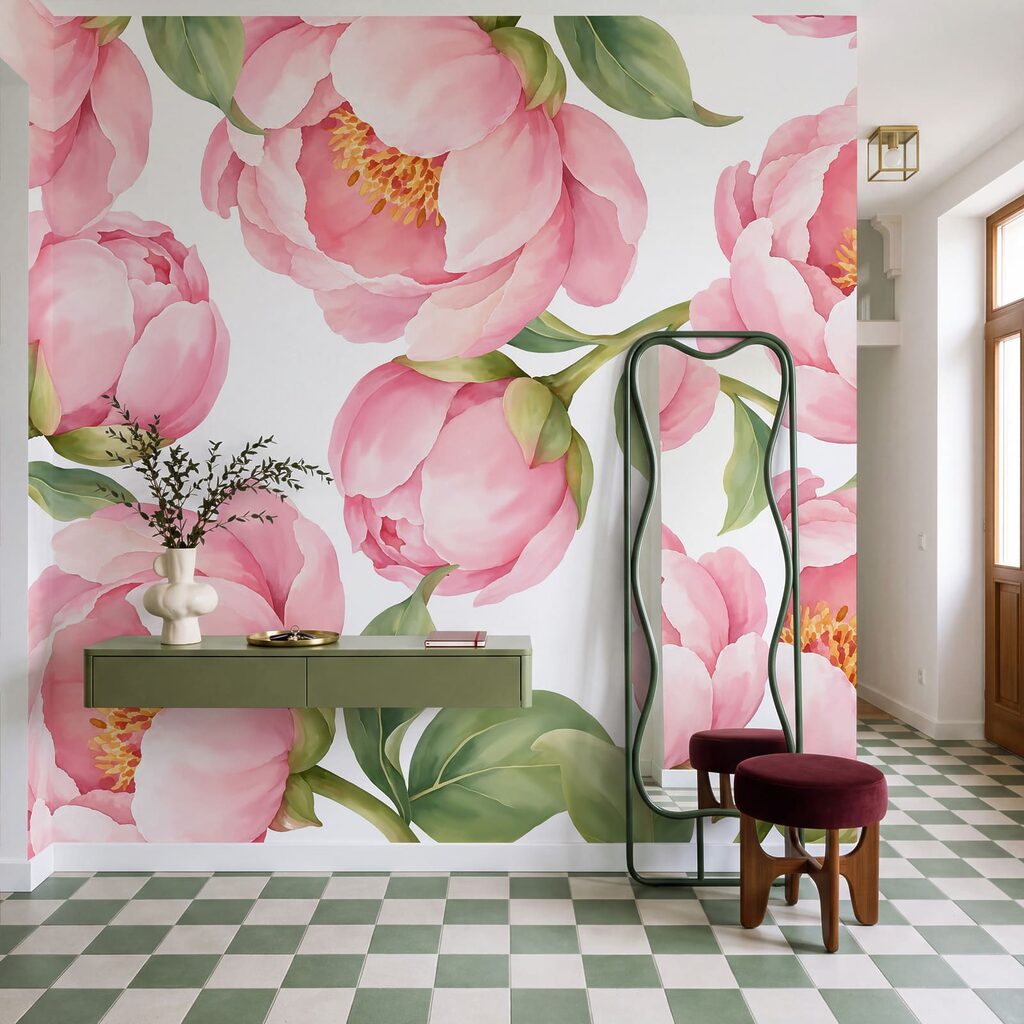 Fotobehang Patroon met roze bloemen (Artikelnummer: t01096)