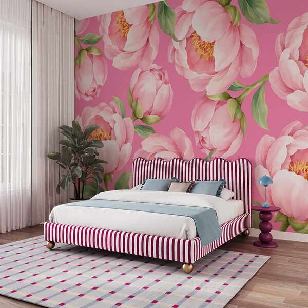 Fotobehang Roze bloemen op een roze achtergrond (Artikelnummer: t01096v4)