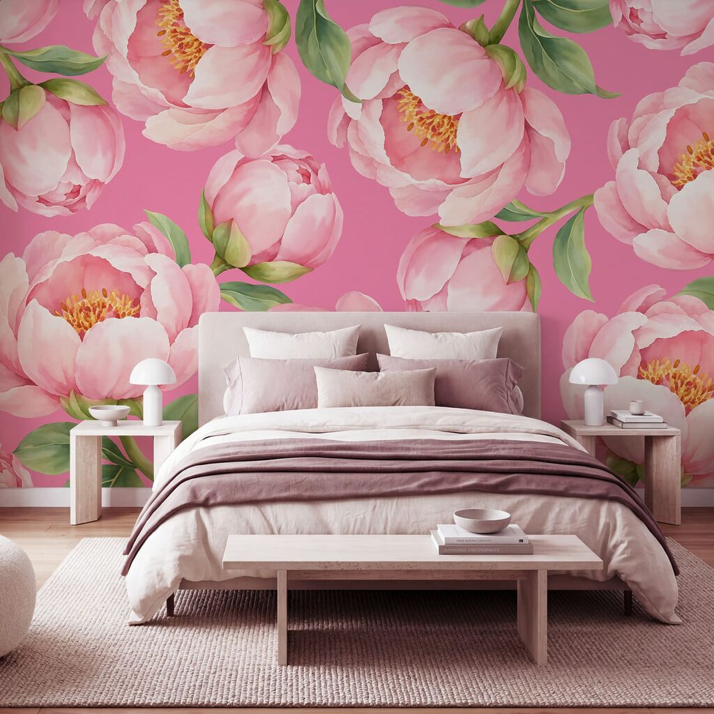 Fotobehang Roze bloemen op een roze achtergrond (Artikelnummer: t01096v4)