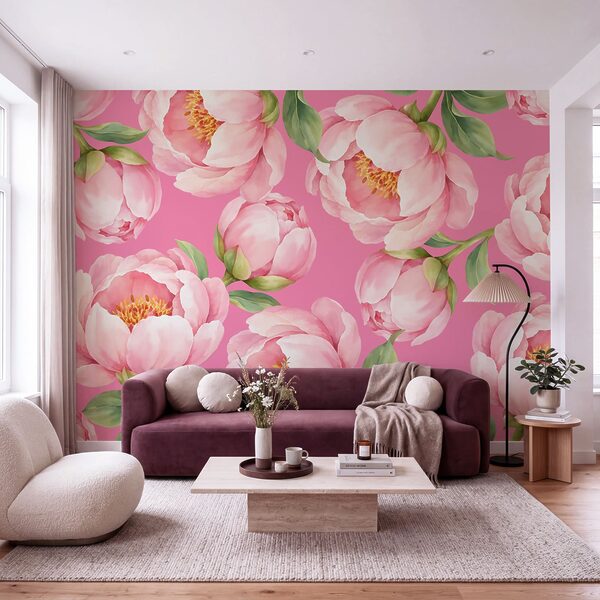 Fotobehang Roze bloemen op een roze achtergrond (Artikelnummer: t01096v4)