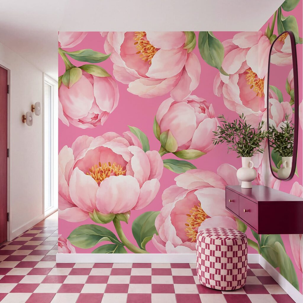 Fotobehang Roze bloemen op een roze achtergrond (Artikelnummer: t01096v4)