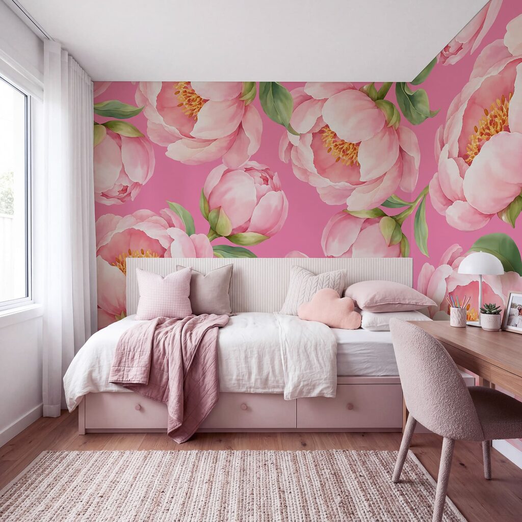 Fotobehang Roze bloemen op een roze achtergrond (Artikelnummer: t01096v4)