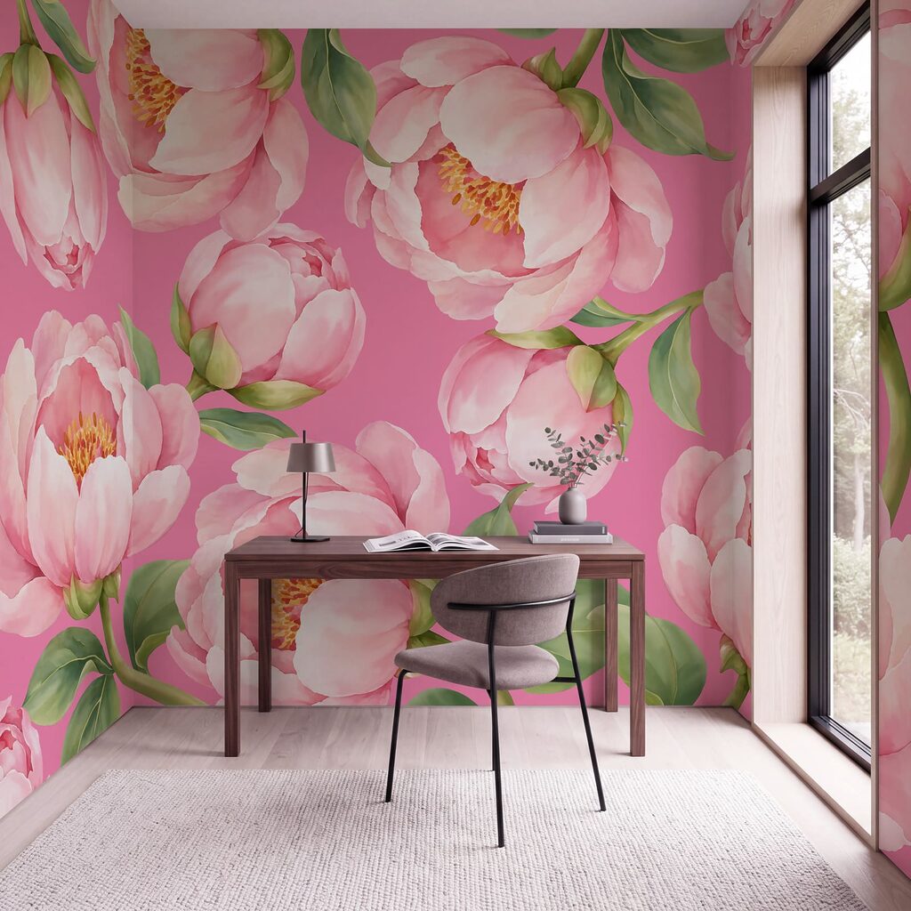 Fotobehang Roze bloemen op een roze achtergrond (Artikelnummer: t01096v4)
