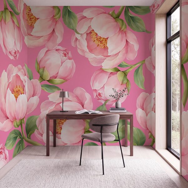 Fotobehang Roze bloemen op een roze achtergrond (Artikelnummer: t01096v4)